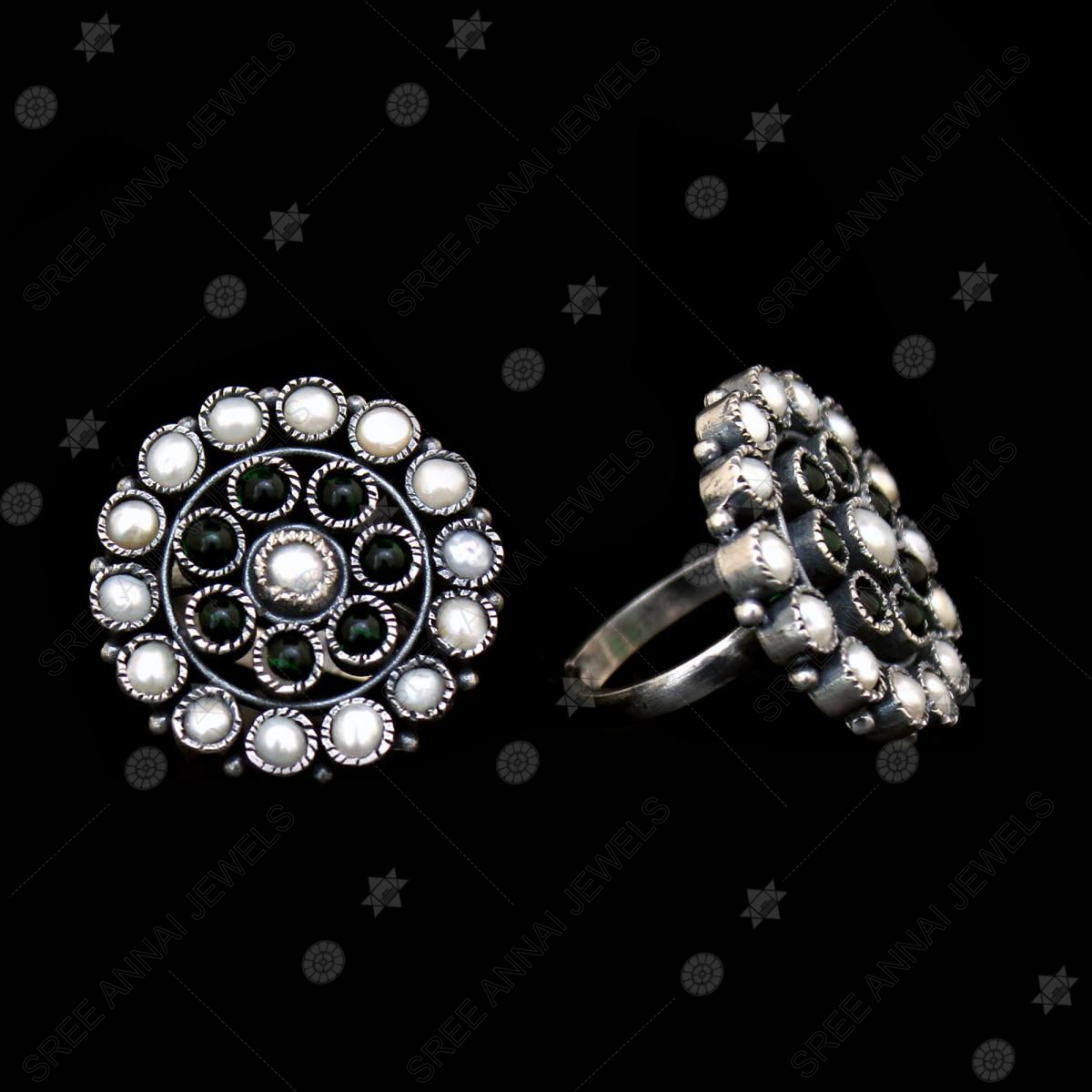 Buy Silver Plated Mirror Oxidized Studded Ring by Palace of Silver Online  at Aza Fashions.